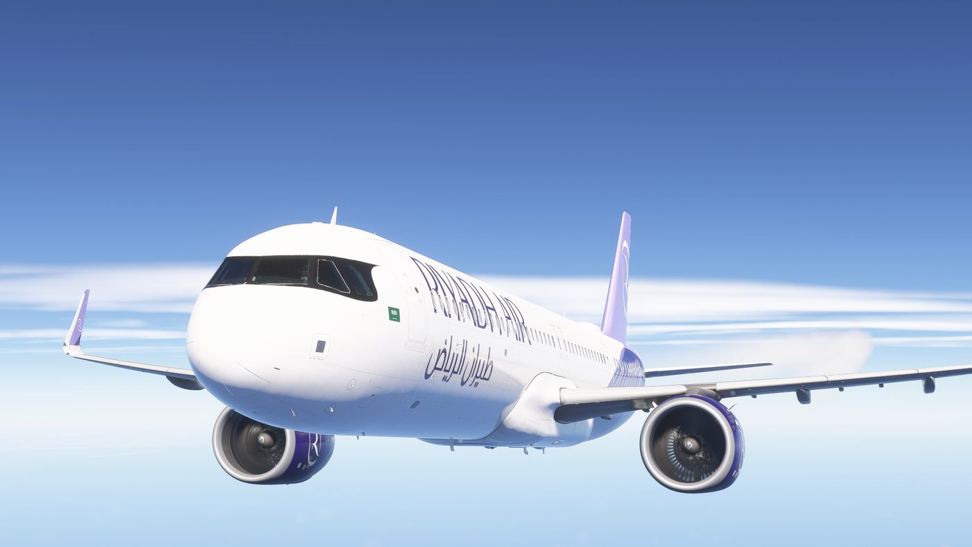 iniBuilds A321neo, Riyadh Air Virtual livery, front three-quarter view
